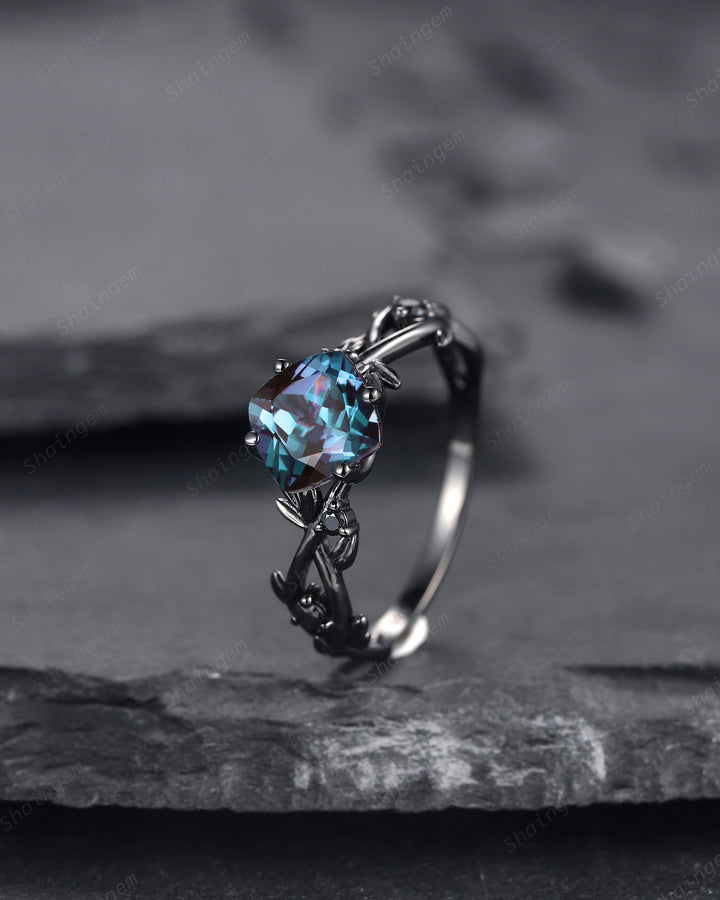 Black Gold Cushion Cut Alexandrite Engagement Ring, Rhodium Black Leaf Bridal Ring, Black Promise Ring, Gothic Black Twig Wedding Ring Gift - ShainJewelry