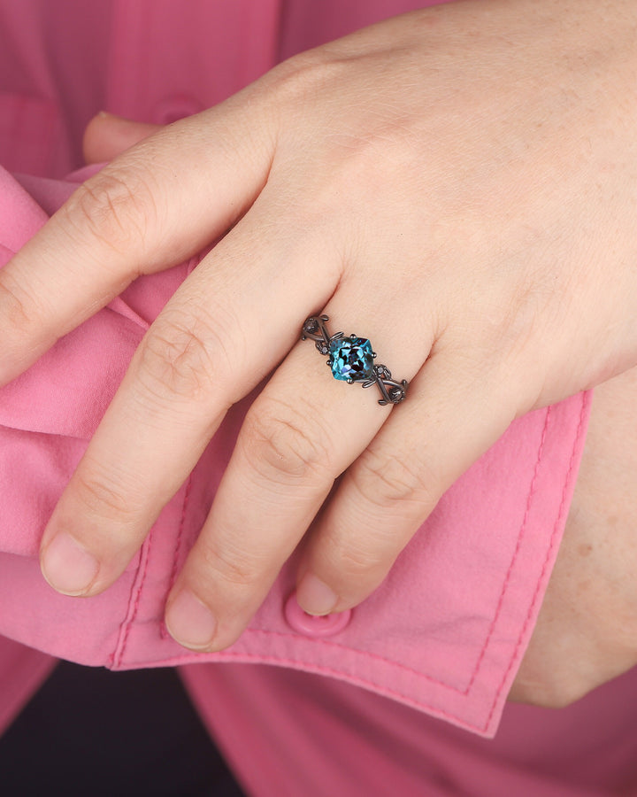 Black Gold Cushion Cut Alexandrite Engagement Ring, Rhodium Black Leaf Bridal Ring, Black Promise Ring, Gothic Black Twig Wedding Ring Gift - ShainJewelry
