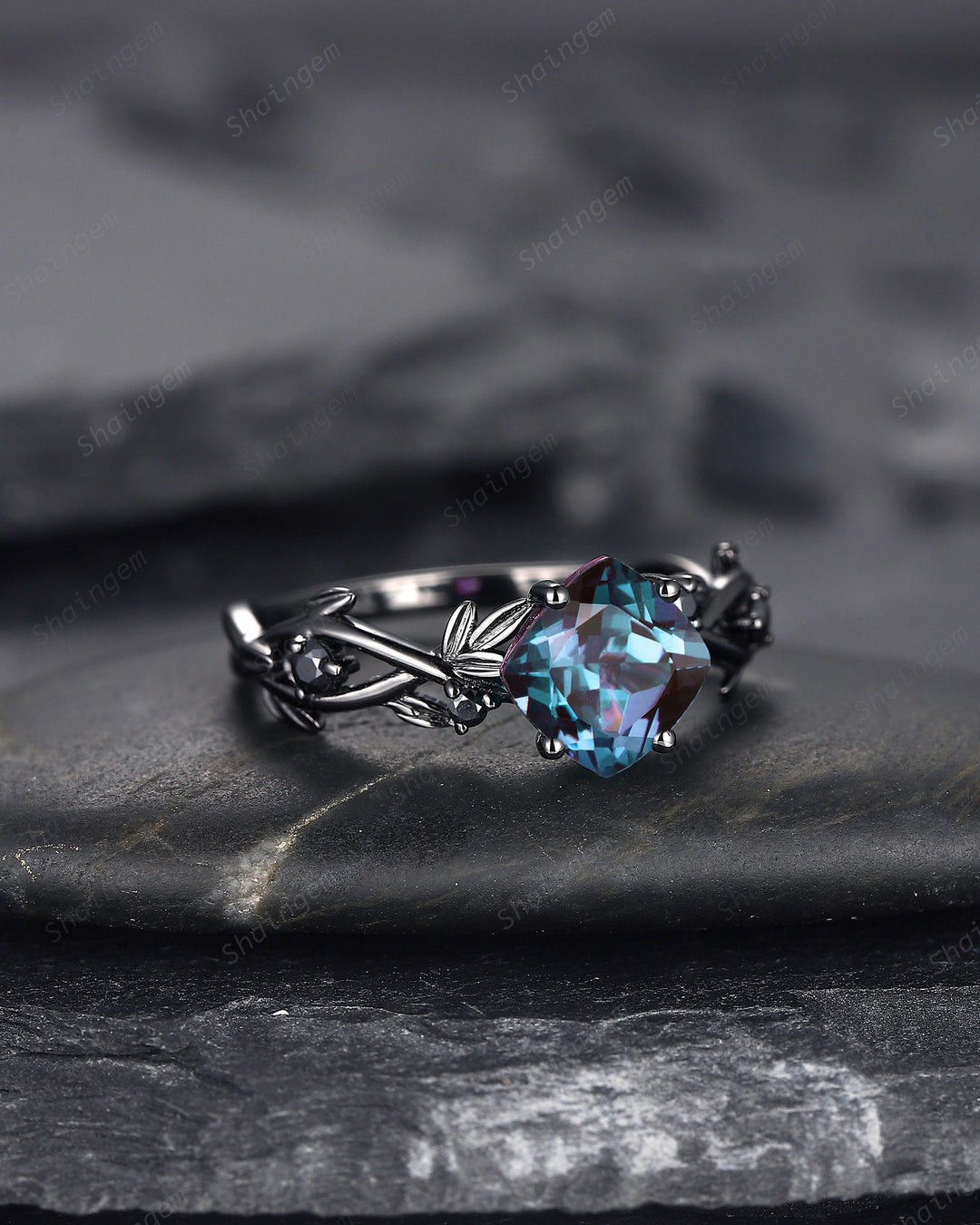 Black Gold Cushion Cut Alexandrite Engagement Ring, Rhodium Black Leaf Bridal Ring, Black Promise Ring, Gothic Black Twig Wedding Ring Gift - ShainJewelry