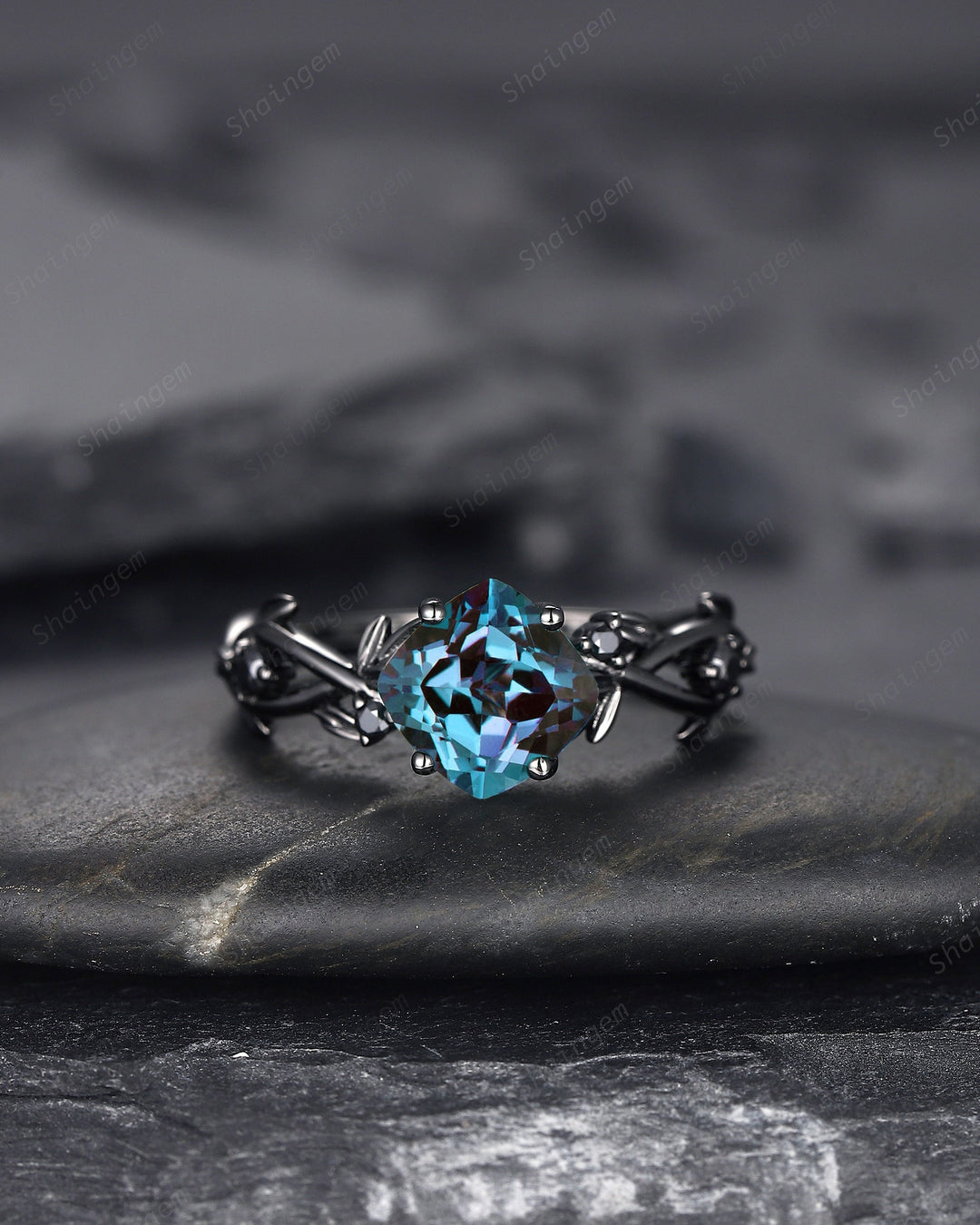 Black Gold Cushion Cut Alexandrite Engagement Ring, Rhodium Black Leaf Bridal Ring, Black Promise Ring, Gothic Black Twig Wedding Ring Gift - ShainJewelry