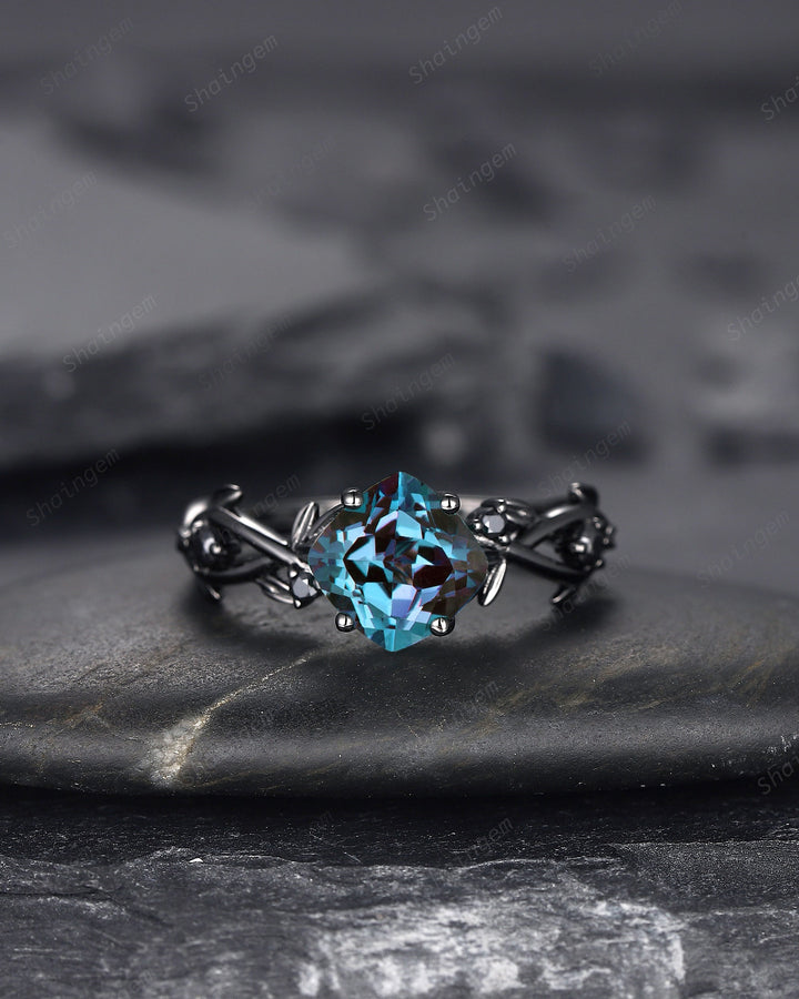 Black Gold Cushion Cut Alexandrite Engagement Ring, Rhodium Black Leaf Bridal Ring, Black Promise Ring, Gothic Black Twig Wedding Ring Gift - ShainJewelry