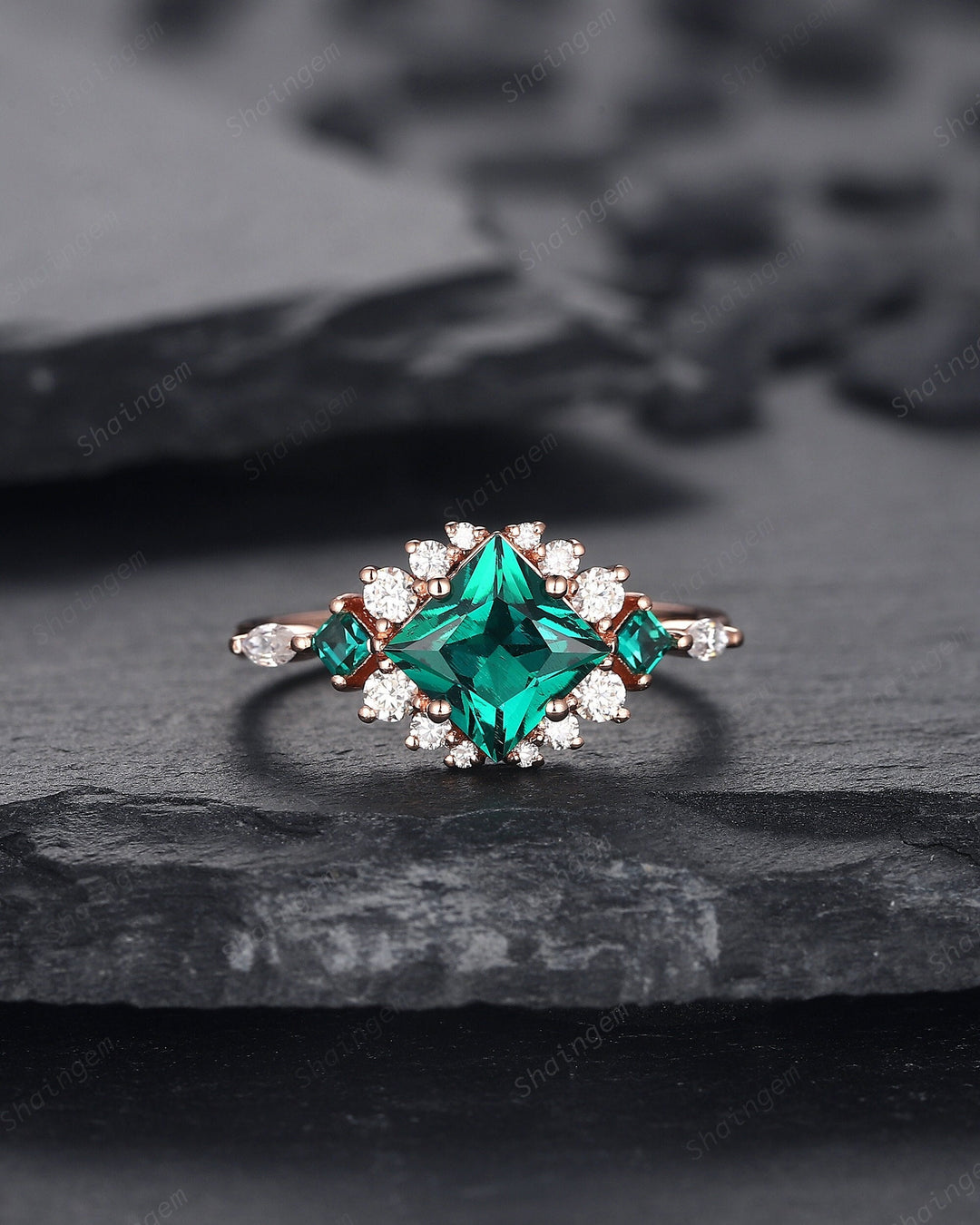 Vintage Princess Cut Emerald Engagement Ring, Emerald and Cluster Moissanite Wedding Ring 14K Rose Gold Anniversary Promise Ring for Her - ShainJewelry