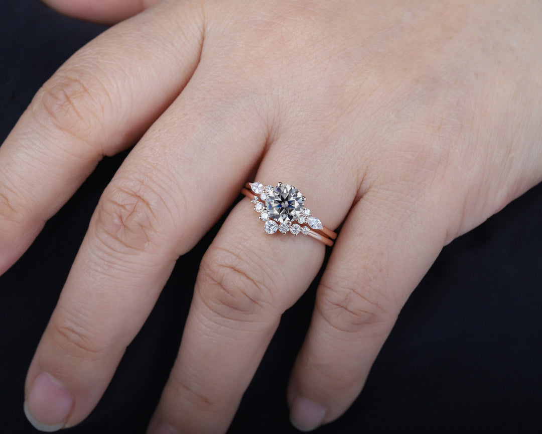 Vintage Round Gray Moissanite and Diamond Engagement Ring Set, Unique Grey Moissanite Wedding Ring Set, 14K Rose Gold Promise Ring for Women