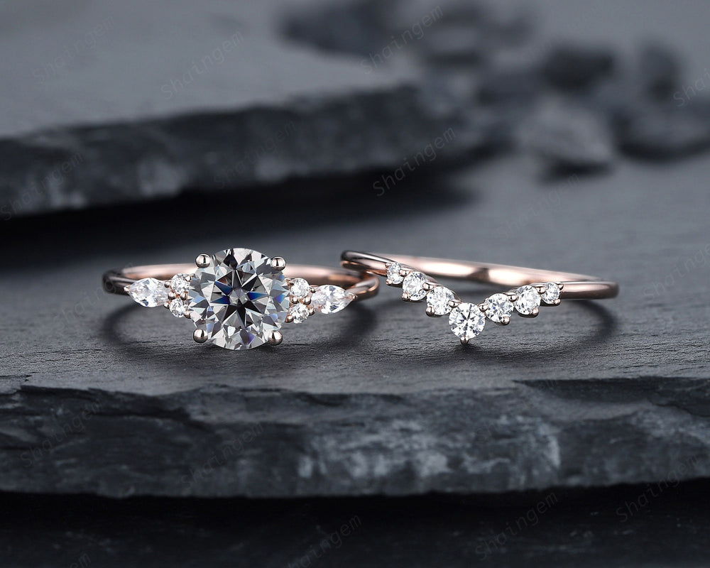 Vintage Round Gray Moissanite and Diamond Engagement Ring Set, Unique Grey Moissanite Wedding Ring Set, 14K Rose Gold Promise Ring for Women