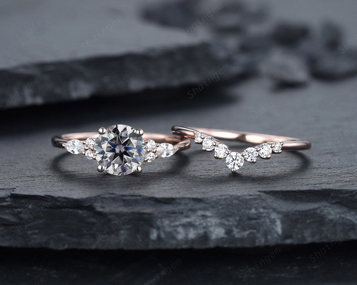 Vintage Round Gray Moissanite and Diamond Engagement Ring Set, Unique Grey Moissanite Wedding Ring Set, 14K Rose Gold Promise Ring for Women