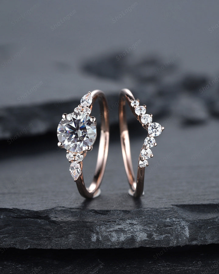 Vintage Round Gray Moissanite and Diamond Engagement Ring Set, Unique Grey Moissanite Wedding Ring Set, 14K Rose Gold Promise Ring for Women