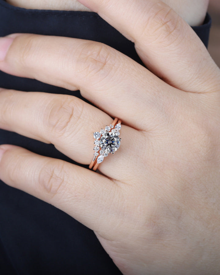 Vintage Round Gray Moissanite and Diamond Engagement Ring Set, Unique Grey Moissanite Wedding Ring Set, 14K Rose Gold Promise Ring for Women