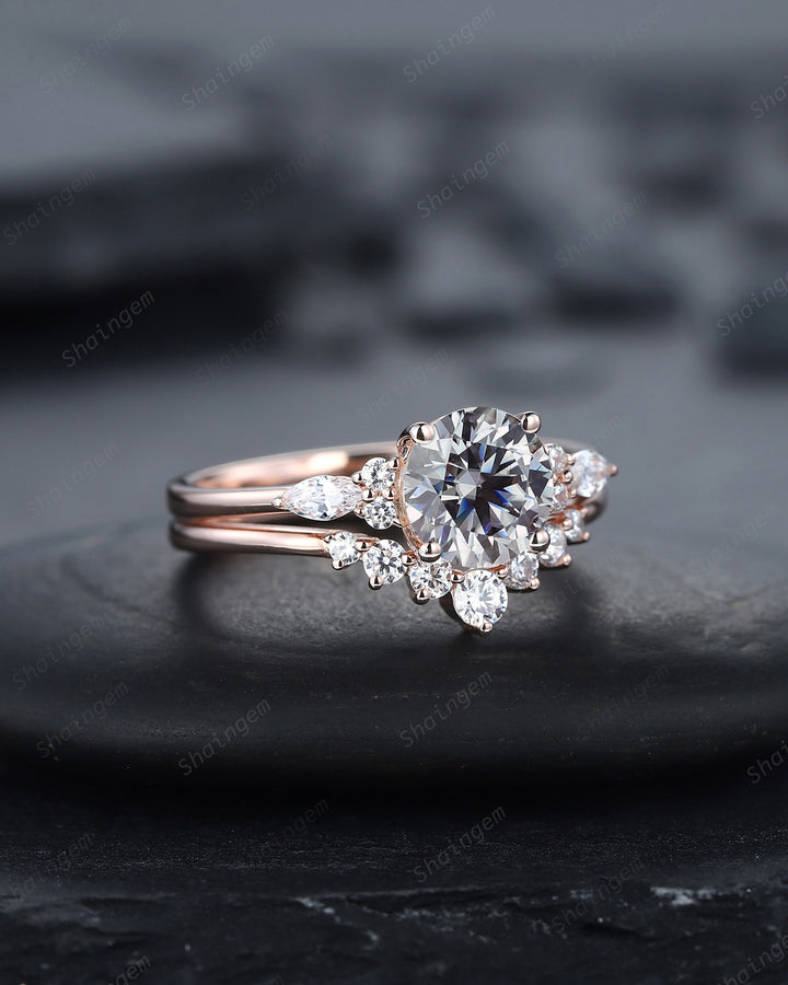 Vintage Round Gray Moissanite and Diamond Engagement Ring Set, Unique Grey Moissanite Wedding Ring Set, 14K Rose Gold Promise Ring for Women