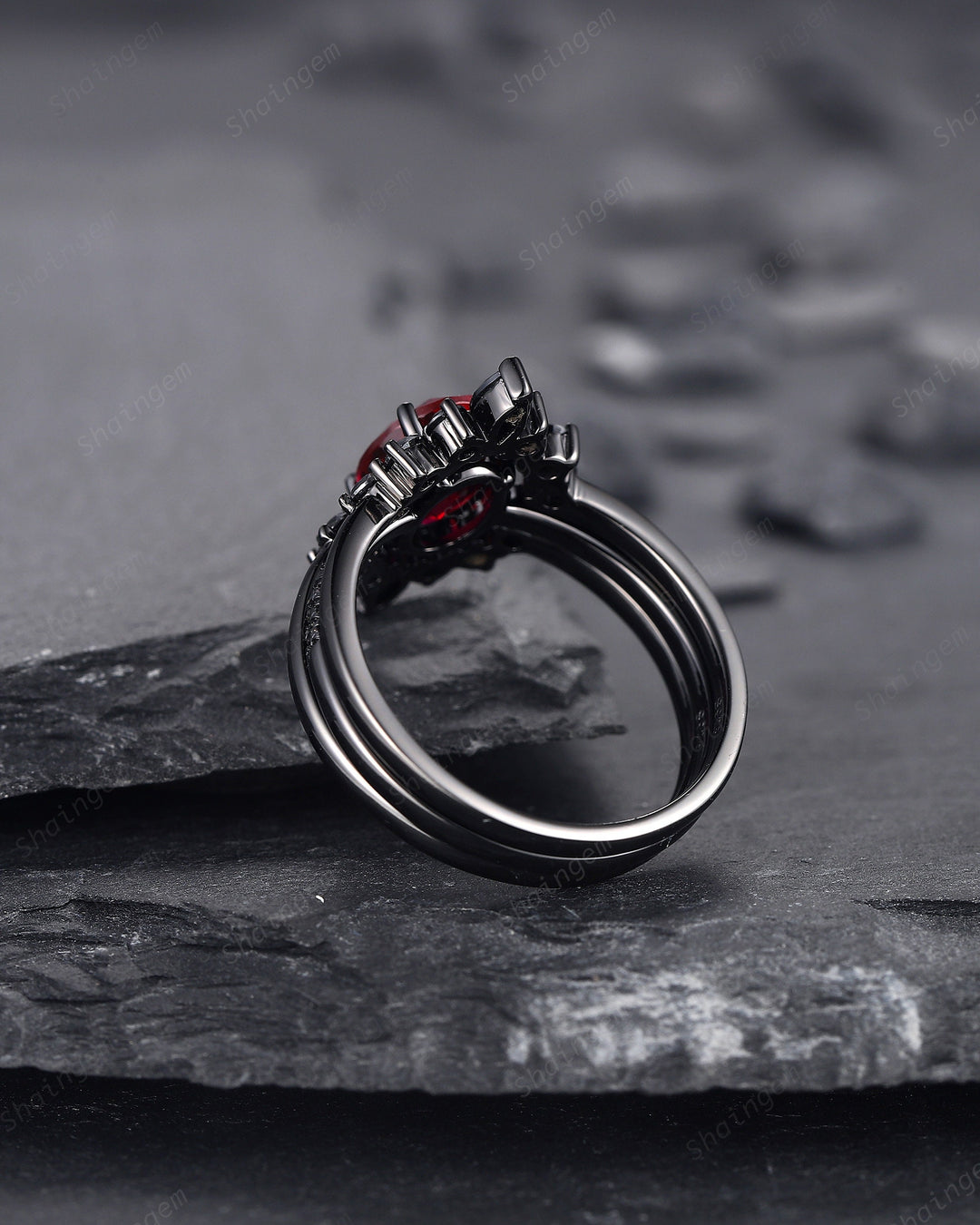 3PCS Oval Ruby Black Engagement Ring Set, Black Gold Finish Ruby Promise Ring Set, Vintage Rhodium Black Ruby Wedding Ring Gift for Her - ShainJewelry