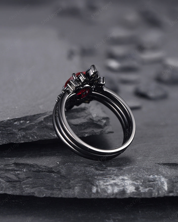 3PCS Oval Ruby Black Engagement Ring Set, Black Gold Finish Ruby Promise Ring Set, Vintage Rhodium Black Ruby Wedding Ring Gift for Her - ShainJewelry