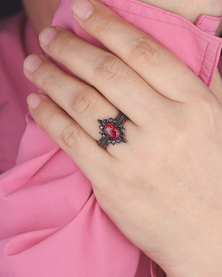 3PCS Oval Ruby Black Engagement Ring Set, Black Gold Finish Ruby Promise Ring Set, Vintage Rhodium Black Ruby Wedding Ring Gift for Her - ShainJewelry