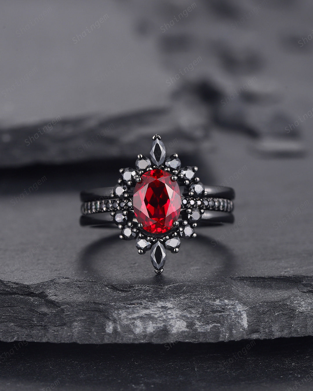 3PCS Oval Ruby Black Engagement Ring Set, Black Gold Finish Ruby Promise Ring Set, Vintage Rhodium Black Ruby Wedding Ring Gift for Her - ShainJewelry