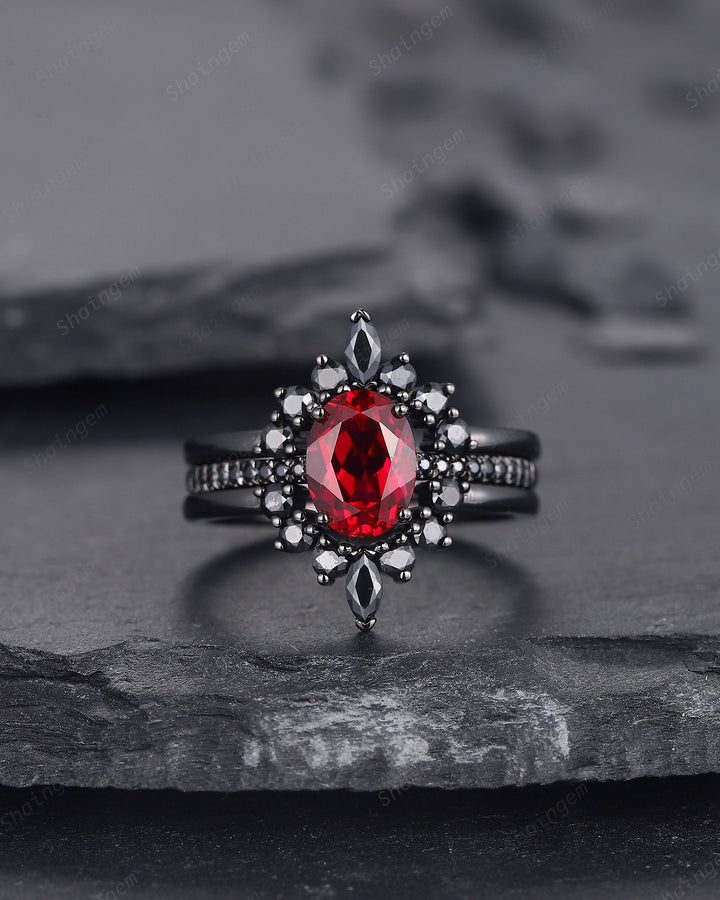 3PCS Oval Ruby Black Engagement Ring Set, Black Gold Finish Ruby Promise Ring Set, Vintage Rhodium Black Ruby Wedding Ring Gift for Her - ShainJewelry