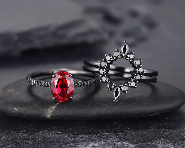 3PCS Oval Ruby Black Engagement Ring Set, Black Gold Finish Ruby Promise Ring Set, Vintage Rhodium Black Ruby Wedding Ring Gift for Her - ShainJewelry