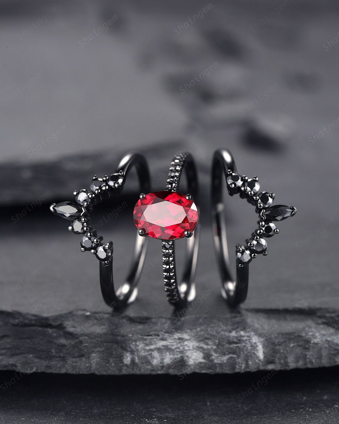 3PCS Oval Ruby Black Engagement Ring Set, Black Gold Finish Ruby Promise Ring Set, Vintage Rhodium Black Ruby Wedding Ring Gift for Her - ShainJewelry
