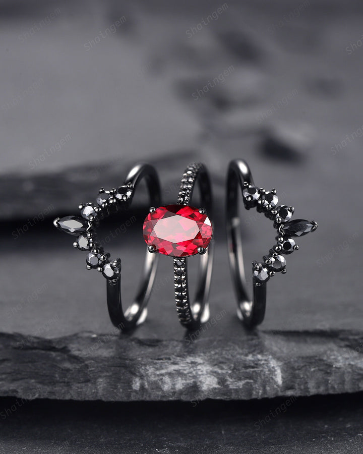 3PCS Oval Ruby Black Engagement Ring Set, Black Gold Finish Ruby Promise Ring Set, Vintage Rhodium Black Ruby Wedding Ring Gift for Her - ShainJewelry