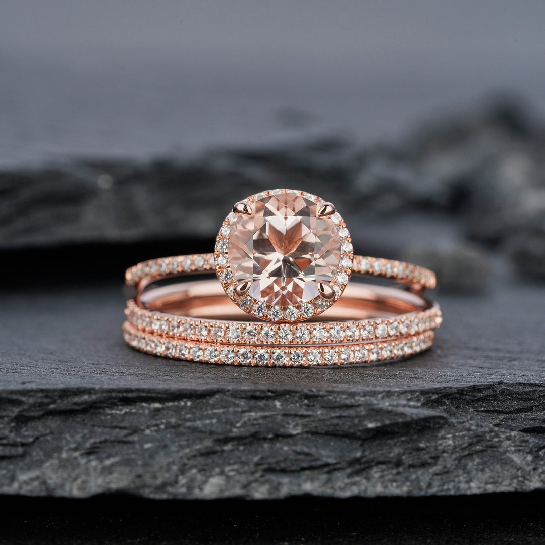 3PCS Natural Pink Morganite Engagement Ring Set, Round Cut Pink Morganite Wedding Bridal Set, 18k Rose Gold Promise Stackable Ring for Women - ShainJewelry