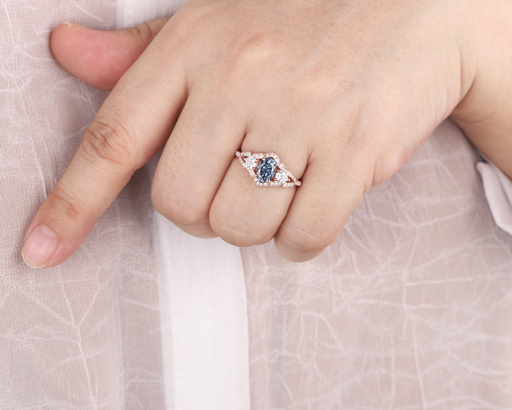 Vintage Oval Shape Blue Moissanite Halo Engagement Ring, Unique 14K Rose Gold Cluster Moissanite Wedding Ring, Blue Moissanite Promise Ring - ShainJewelry