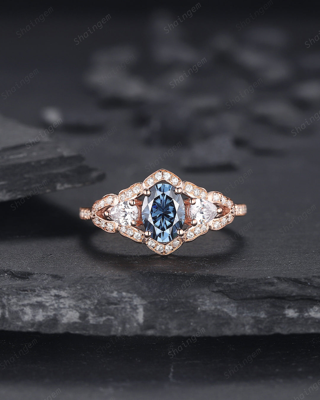 Vintage Oval Shape Blue Moissanite Halo Engagement Ring, Unique 14K Rose Gold Cluster Moissanite Wedding Ring, Blue Moissanite Promise Ring - ShainJewelry