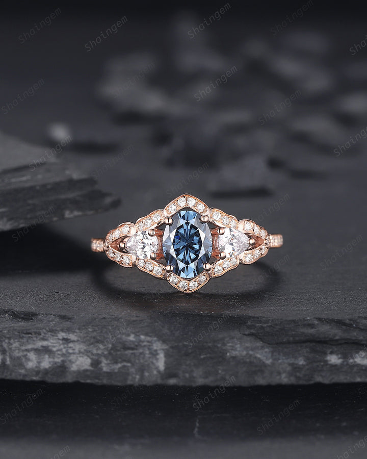 Vintage Oval Shape Blue Moissanite Halo Engagement Ring, Unique 14K Rose Gold Cluster Moissanite Wedding Ring, Blue Moissanite Promise Ring - ShainJewelry