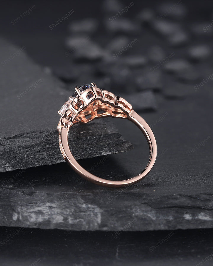 Vintage Oval Shape Blue Moissanite Halo Engagement Ring, Unique 14K Rose Gold Cluster Moissanite Wedding Ring, Blue Moissanite Promise Ring - ShainJewelry
