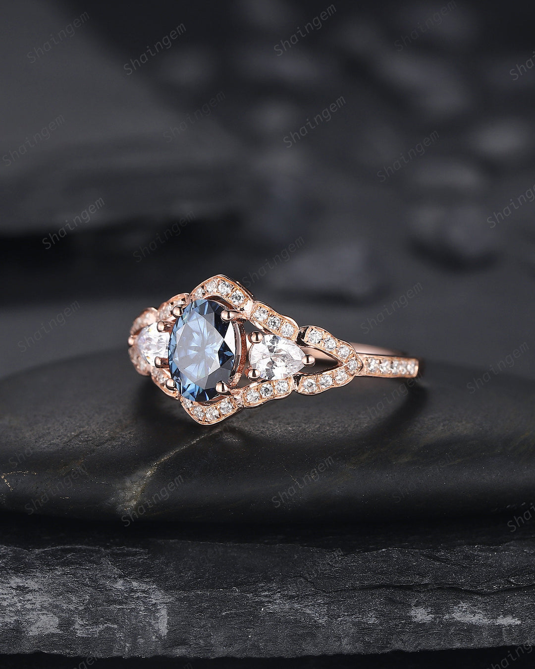 Vintage Oval Shape Blue Moissanite Halo Engagement Ring, Unique 14K Rose Gold Cluster Moissanite Wedding Ring, Blue Moissanite Promise Ring - ShainJewelry