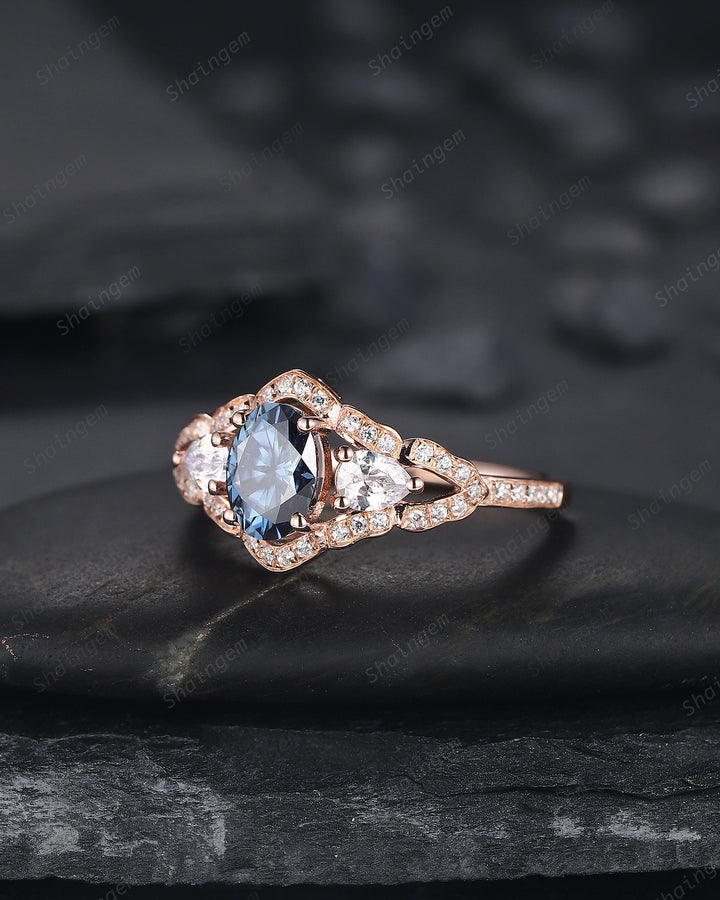 Vintage Oval Shape Blue Moissanite Halo Engagement Ring, Unique 14K Rose Gold Cluster Moissanite Wedding Ring, Blue Moissanite Promise Ring - ShainJewelry