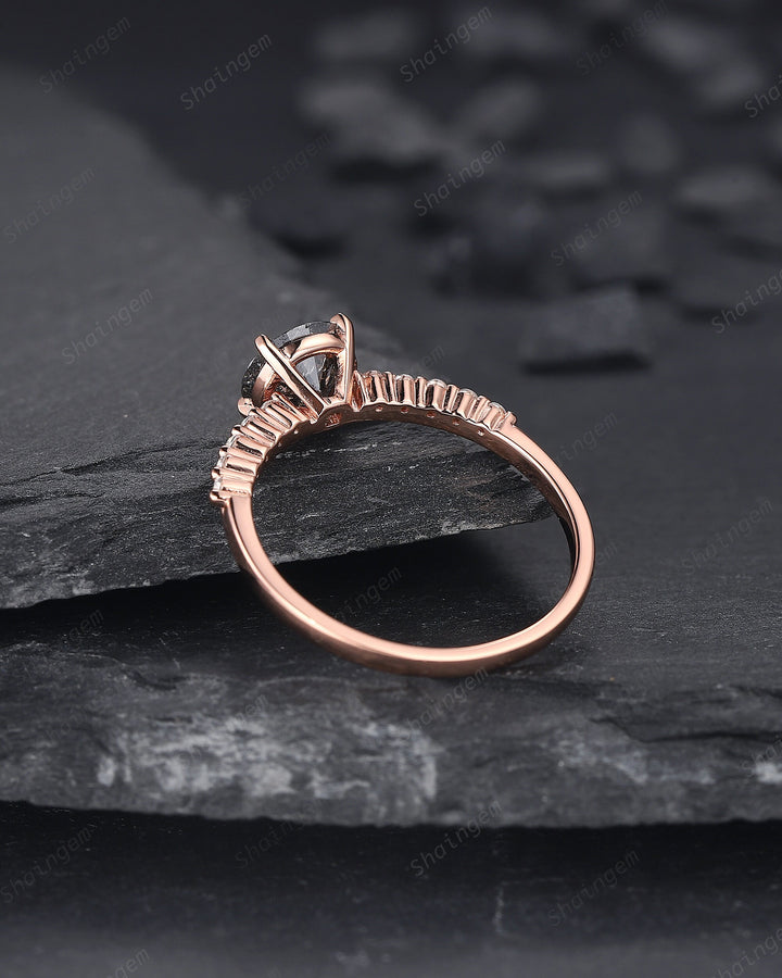 1 Carat Salt and Pepper Diamond Engagement Ring, Vintage 14K Rose Gold Round Shape Black Diamond Wedding Ring, Half Eternity Promise Ring - ShainJewelry