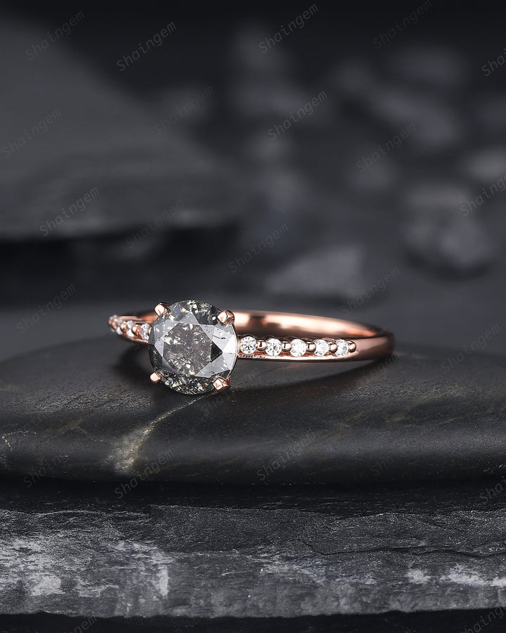 1 Carat Salt and Pepper Diamond Engagement Ring, Vintage 14K Rose Gold Round Shape Black Diamond Wedding Ring, Half Eternity Promise Ring - ShainJewelry