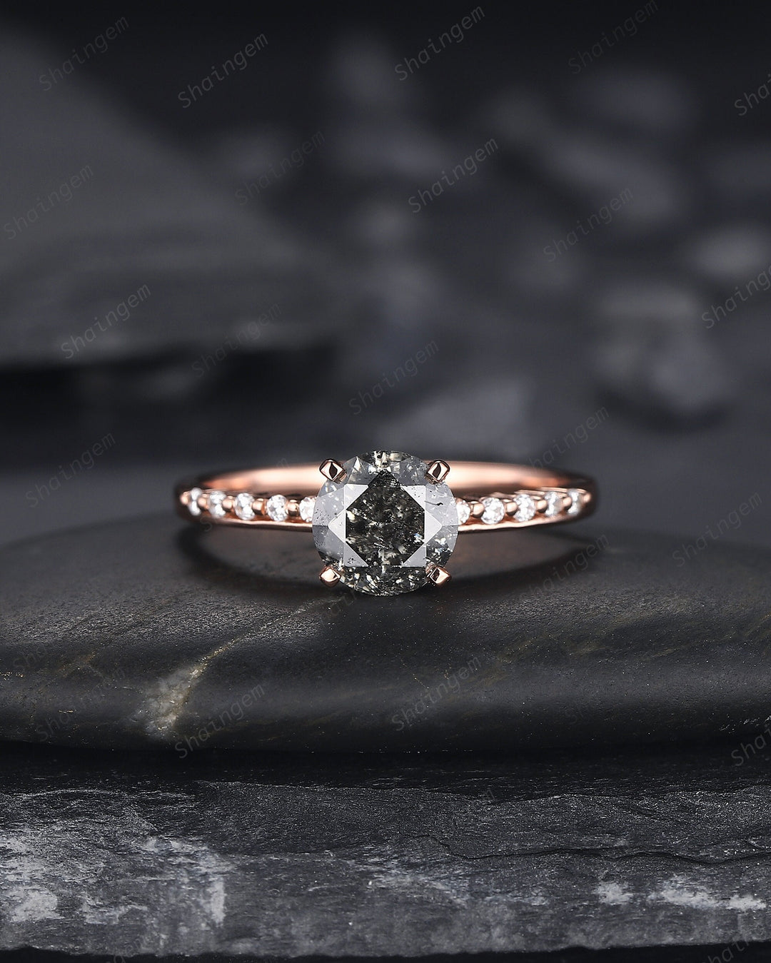 1 Carat Salt and Pepper Diamond Engagement Ring, Vintage 14K Rose Gold Round Shape Black Diamond Wedding Ring, Half Eternity Promise Ring - ShainJewelry