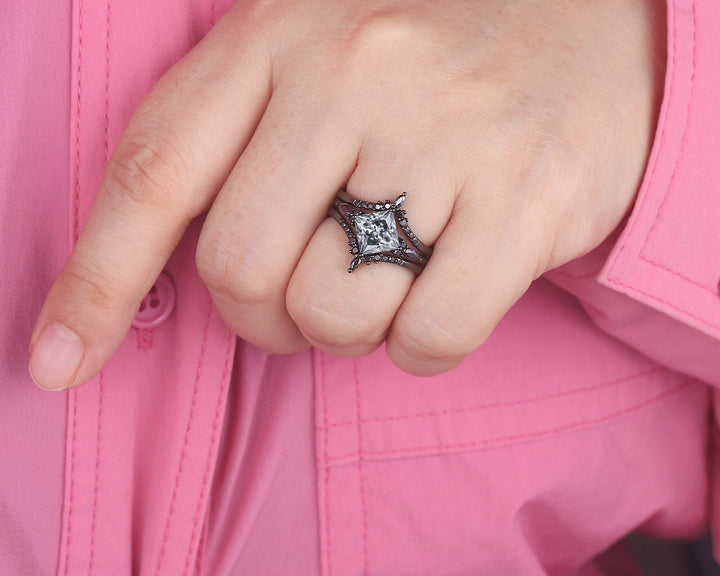 3PCS Vintage Princess Cut Gray Moissanite Black Engagement Ring Set, Gothic Black Rhodium Grey Moissanite Promise Wedding Set Gift for women - ShainJewelry