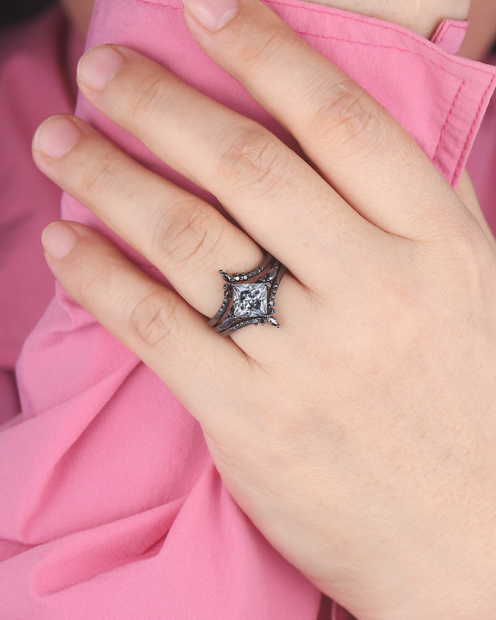 3PCS Vintage Princess Cut Gray Moissanite Black Engagement Ring Set, Gothic Black Rhodium Grey Moissanite Promise Wedding Set Gift for women - ShainJewelry