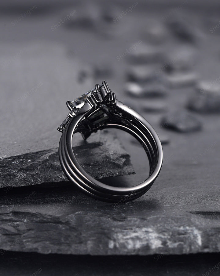 3PCS Vintage Princess Cut Gray Moissanite Black Engagement Ring Set, Gothic Black Rhodium Grey Moissanite Promise Wedding Set Gift for women - ShainJewelry