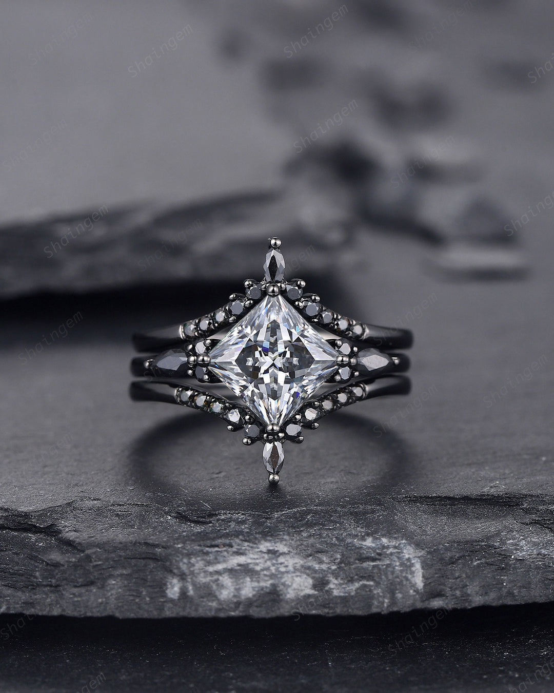 3PCS Vintage Princess Cut Gray Moissanite Black Engagement Ring Set, Gothic Black Rhodium Grey Moissanite Promise Wedding Set Gift for women - ShainJewelry
