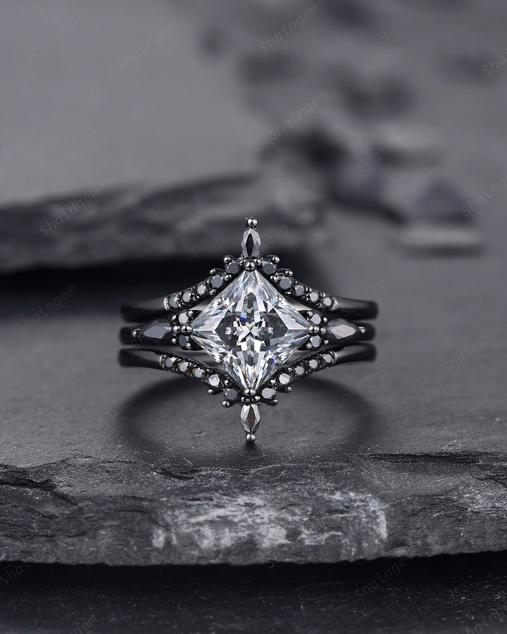 3PCS Vintage Princess Cut Gray Moissanite Black Engagement Ring Set, Gothic Black Rhodium Grey Moissanite Promise Wedding Set Gift for women - ShainJewelry
