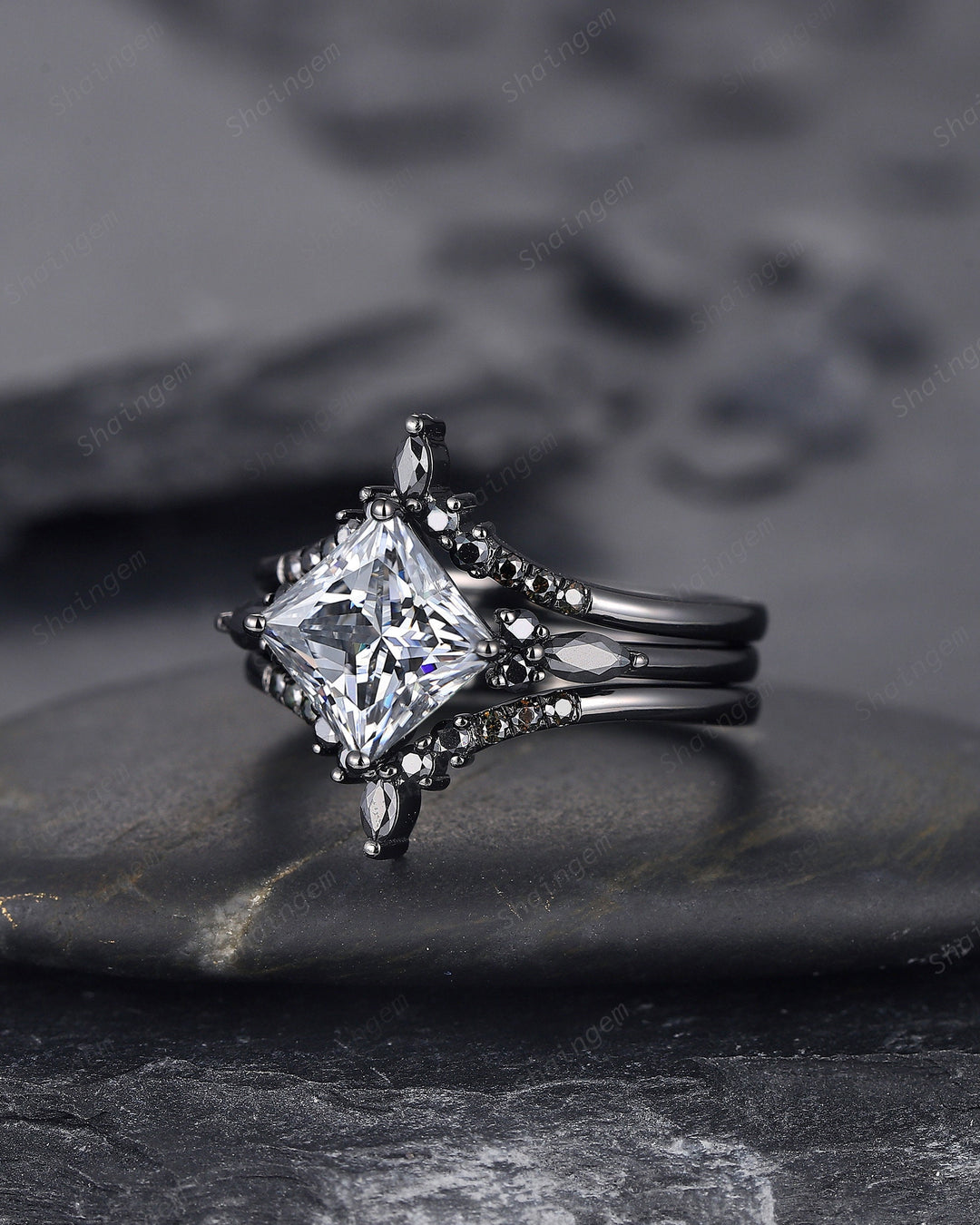 3PCS Vintage Princess Cut Gray Moissanite Black Engagement Ring Set, Gothic Black Rhodium Grey Moissanite Promise Wedding Set Gift for women - ShainJewelry