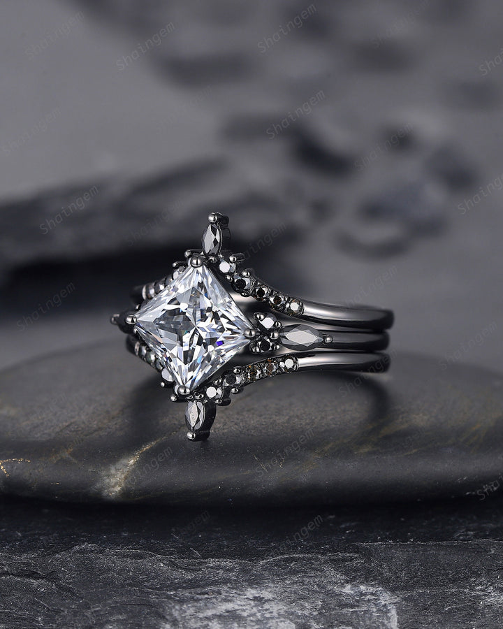 3PCS Vintage Princess Cut Gray Moissanite Black Engagement Ring Set, Gothic Black Rhodium Grey Moissanite Promise Wedding Set Gift for women - ShainJewelry
