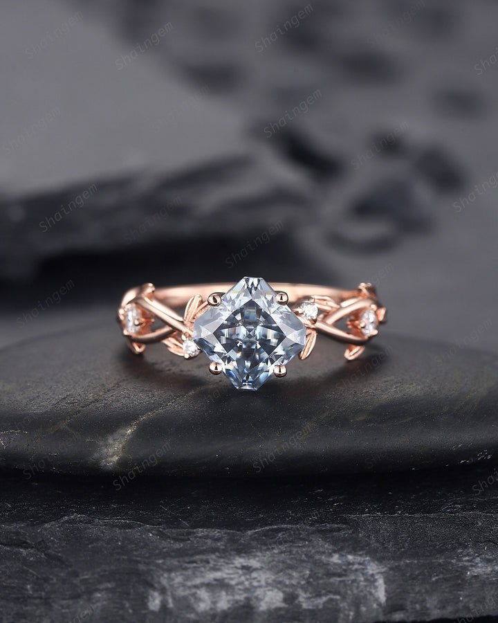 Vintage Radiant Cut Blue Moissanite Engagement Ring, Twig Leaf Moissanite Promise Ring Unique 14K Rose Gold Wedding Ring Gift for Women - ShainJewelry