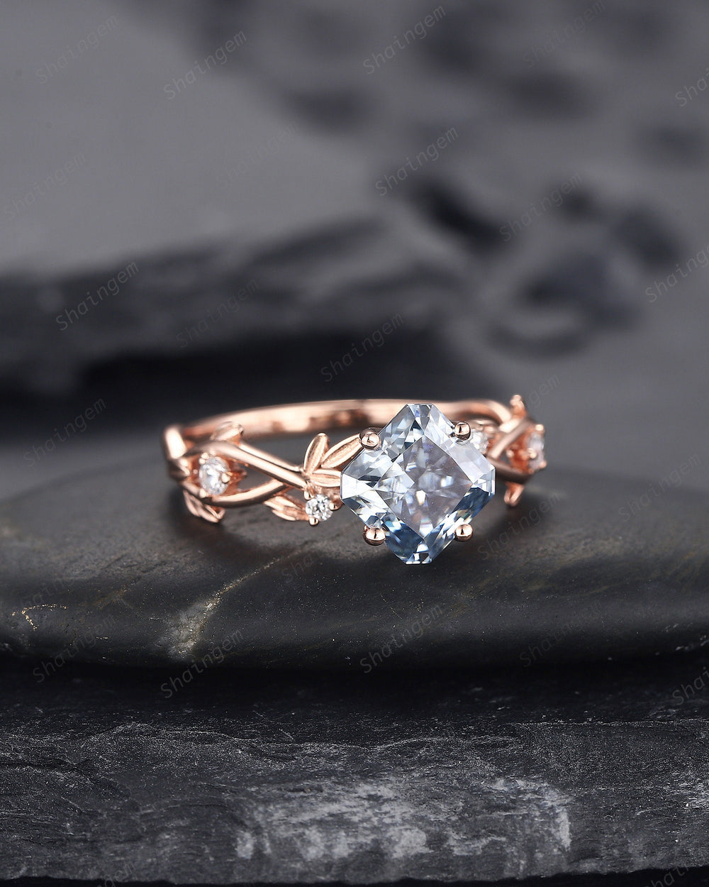 Vintage Radiant Cut Blue Moissanite Engagement Ring, Twig Leaf Moissanite Promise Ring Unique 14K Rose Gold Wedding Ring Gift for Women - ShainJewelry