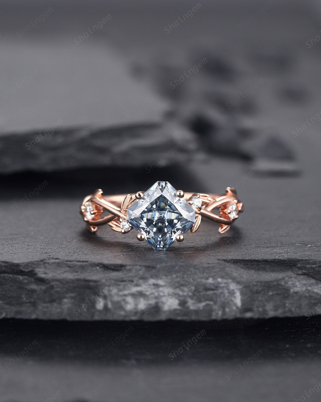Vintage Radiant Cut Blue Moissanite Engagement Ring, Twig Leaf Moissanite Promise Ring Unique 14K Rose Gold Wedding Ring Gift for Women - ShainJewelry