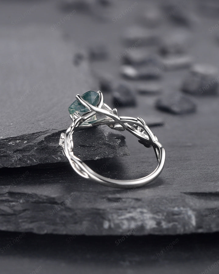 Cushion Cut Moss Agate Wedding Ring, Unique Twig Leaf White Gold Moss Agate Engagement Promise Ring, Anniversary Ring Gift for Women - ShainJewelry