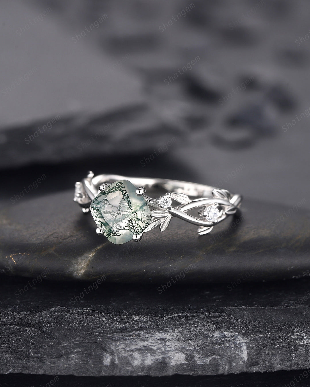 Cushion Cut Moss Agate Wedding Ring, Unique Twig Leaf White Gold Moss Agate Engagement Promise Ring, Anniversary Ring Gift for Women - ShainJewelry