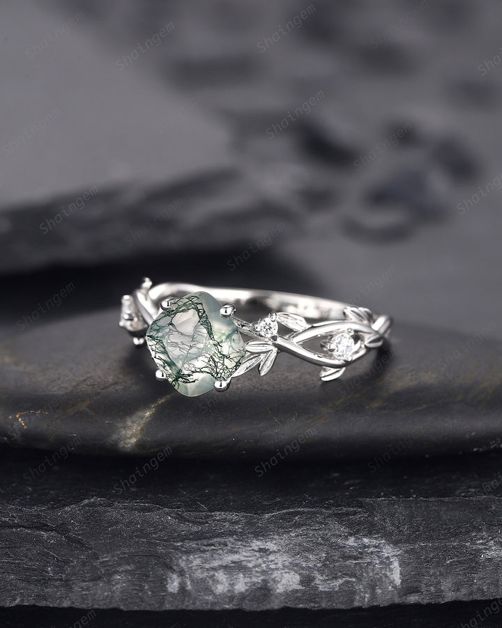 Cushion Cut Moss Agate Wedding Ring, Unique Twig Leaf White Gold Moss Agate Engagement Promise Ring, Anniversary Ring Gift for Women - ShainJewelry