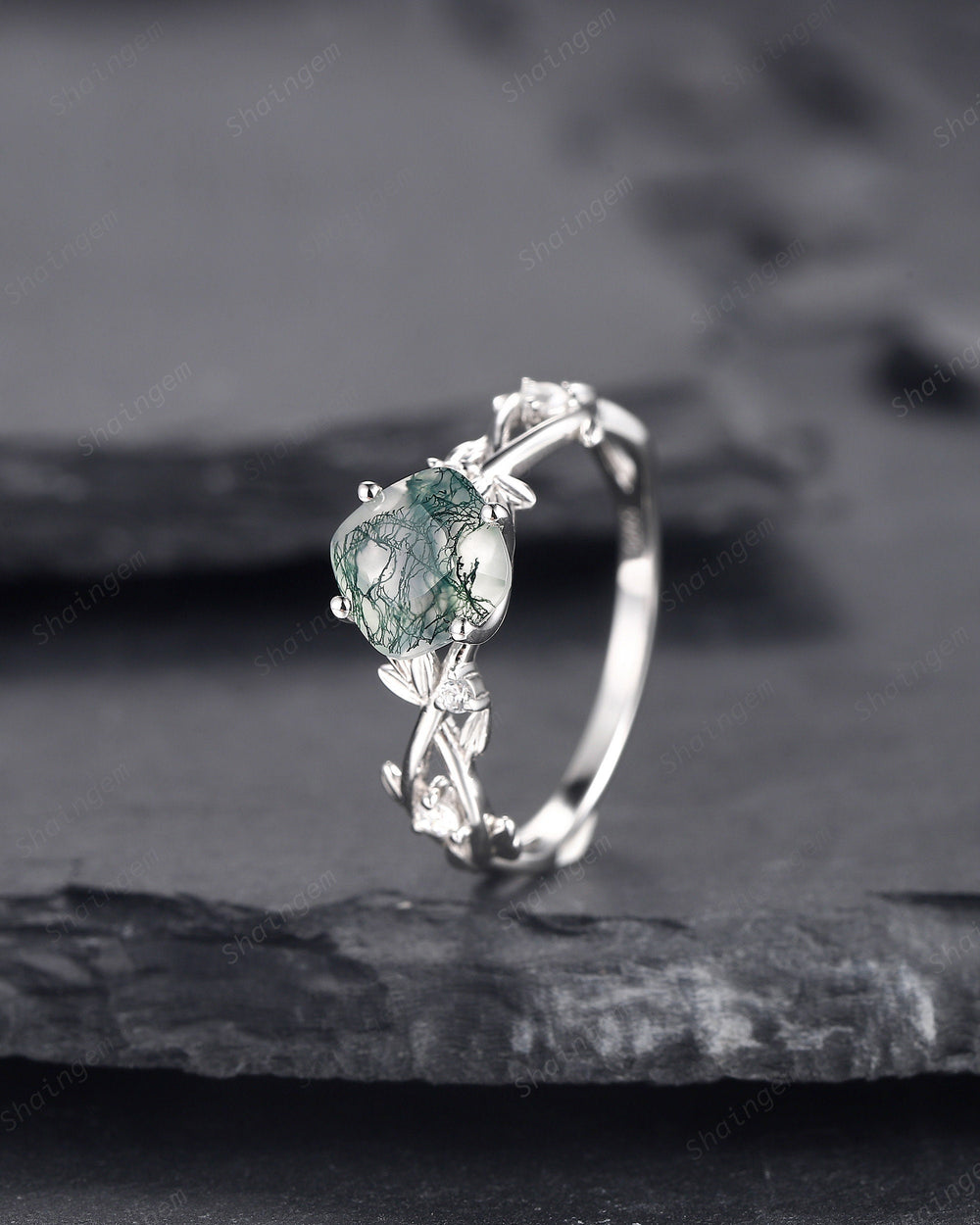 Cushion Cut Moss Agate Wedding Ring, Unique Twig Leaf White Gold Moss Agate Engagement Promise Ring, Anniversary Ring Gift for Women - ShainJewelry