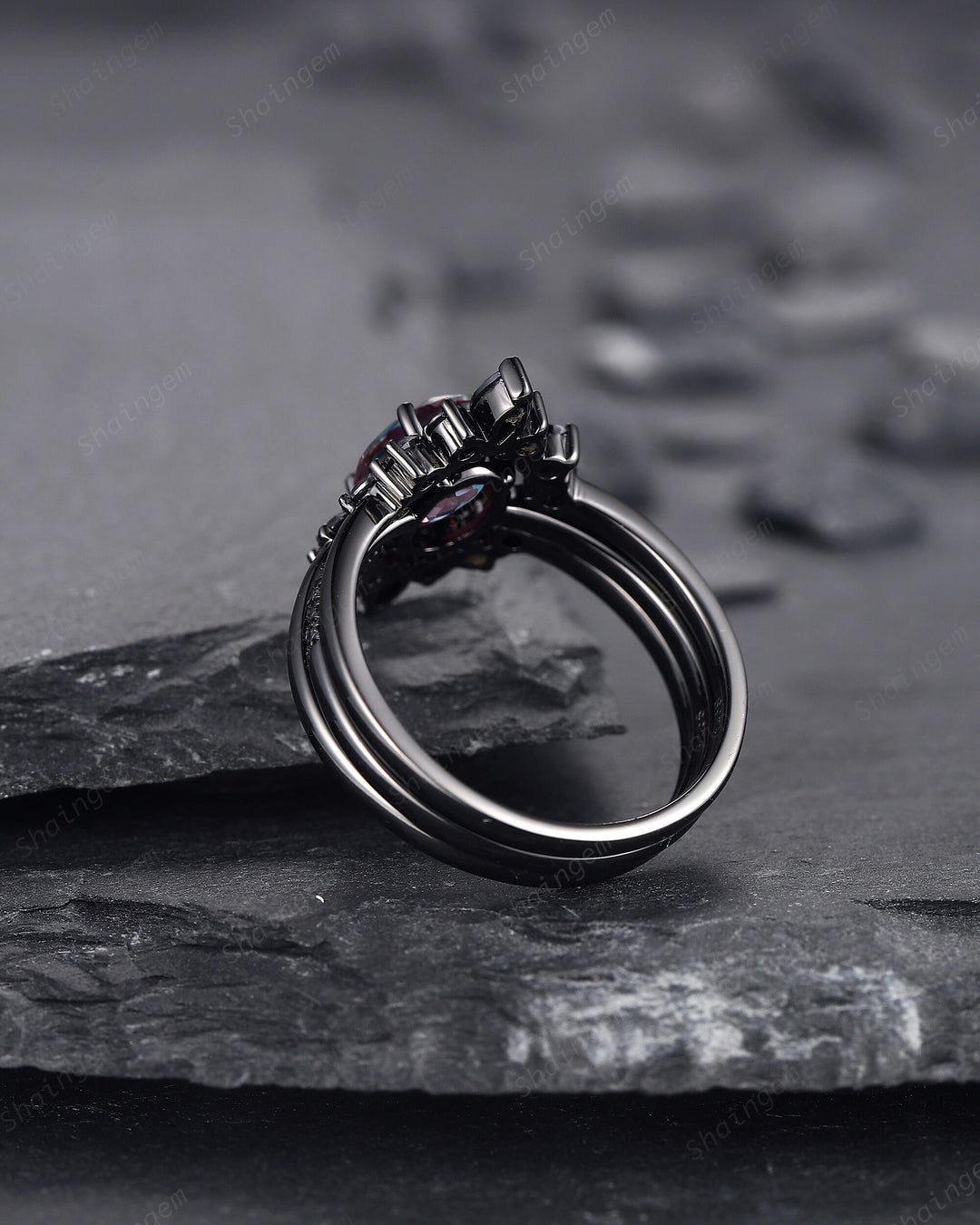 3PCS Oval Alexandrite Black Moissanite Engagement Ring Set, Black Gold Alexandrite Promise Ring Set, Black Wedding Anniversary Ring Gift - ShainJewelry