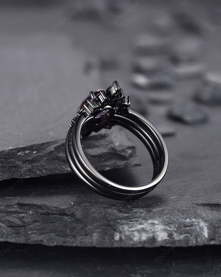 3PCS Oval Alexandrite Black Moissanite Engagement Ring Set, Black Gold Alexandrite Promise Ring Set, Black Wedding Anniversary Ring Gift - ShainJewelry