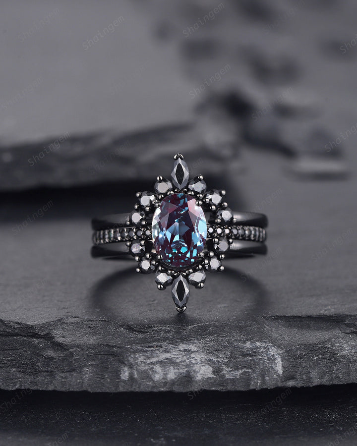 3PCS Oval Alexandrite Black Moissanite Engagement Ring Set, Black Gold Alexandrite Promise Ring Set, Black Wedding Anniversary Ring Gift - ShainJewelry