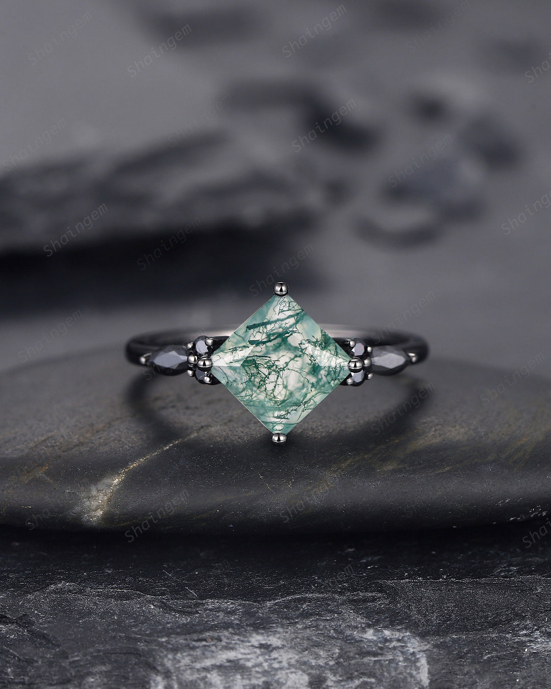 3PCS Vintage Princess Cut Moss Agate Black Engagement Ring Set, Gothic Black Rhodium Moss Agate Bridal Wedding Set Gift, Black Promise Ring - ShainJewelry