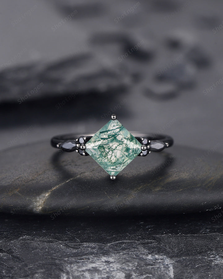 3PCS Vintage Princess Cut Moss Agate Black Engagement Ring Set, Gothic Black Rhodium Moss Agate Bridal Wedding Set Gift, Black Promise Ring - ShainJewelry