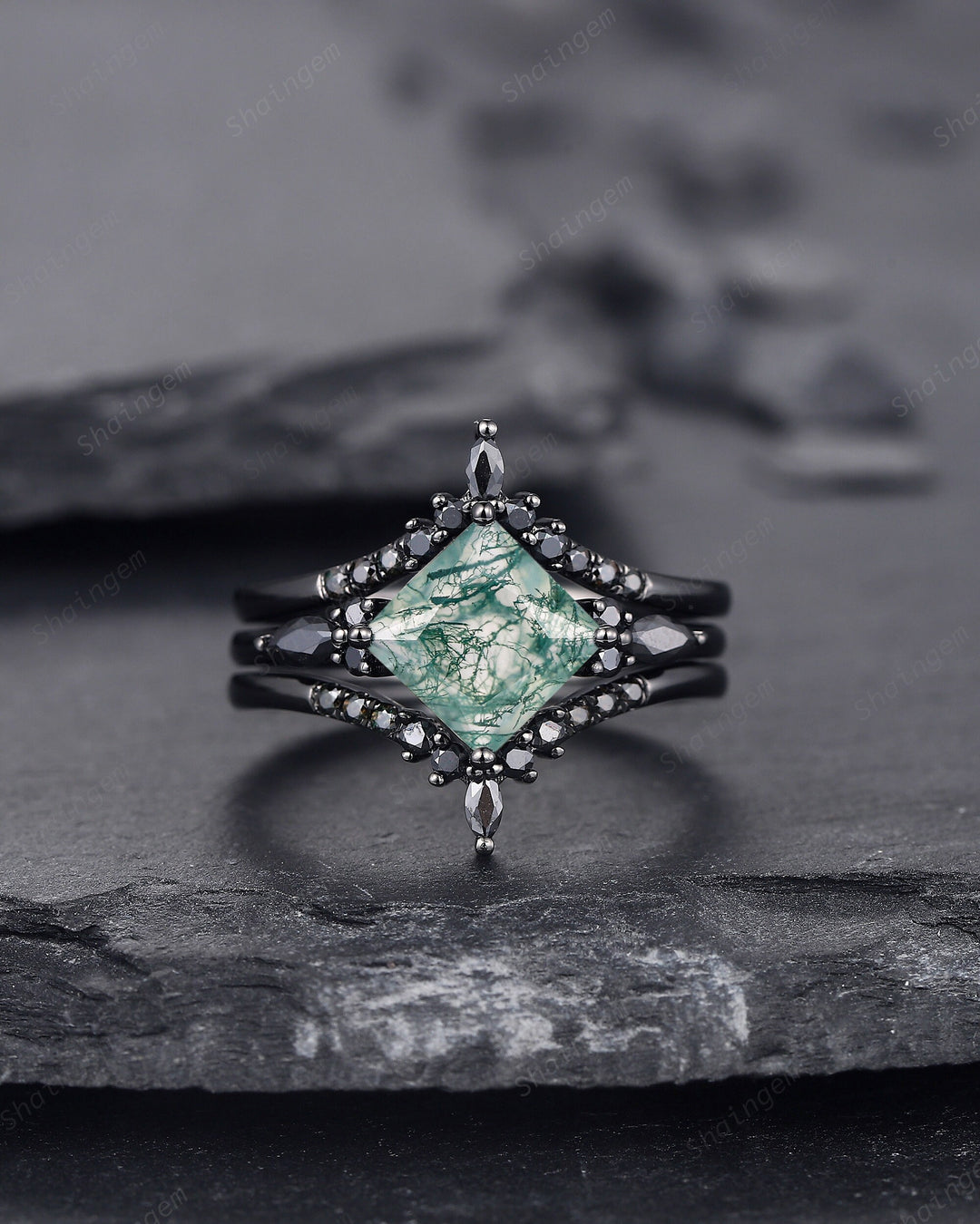3PCS Vintage Princess Cut Moss Agate Black Engagement Ring Set, Gothic Black Rhodium Moss Agate Bridal Wedding Set Gift, Black Promise Ring - ShainJewelry